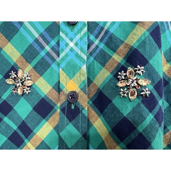 Women Western Plaid Rhinestone Top Bejeweled Button Front Sz S‎ Green Preppy - Picture 3 of 8